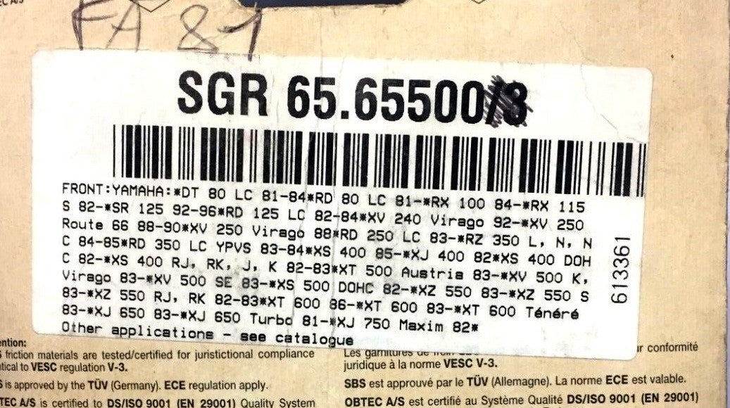 65.65500 CP BRAKE PADS SGR FRONT YAMAHA XT 350 -XT 600 -XT 650 -VIRAGO 250