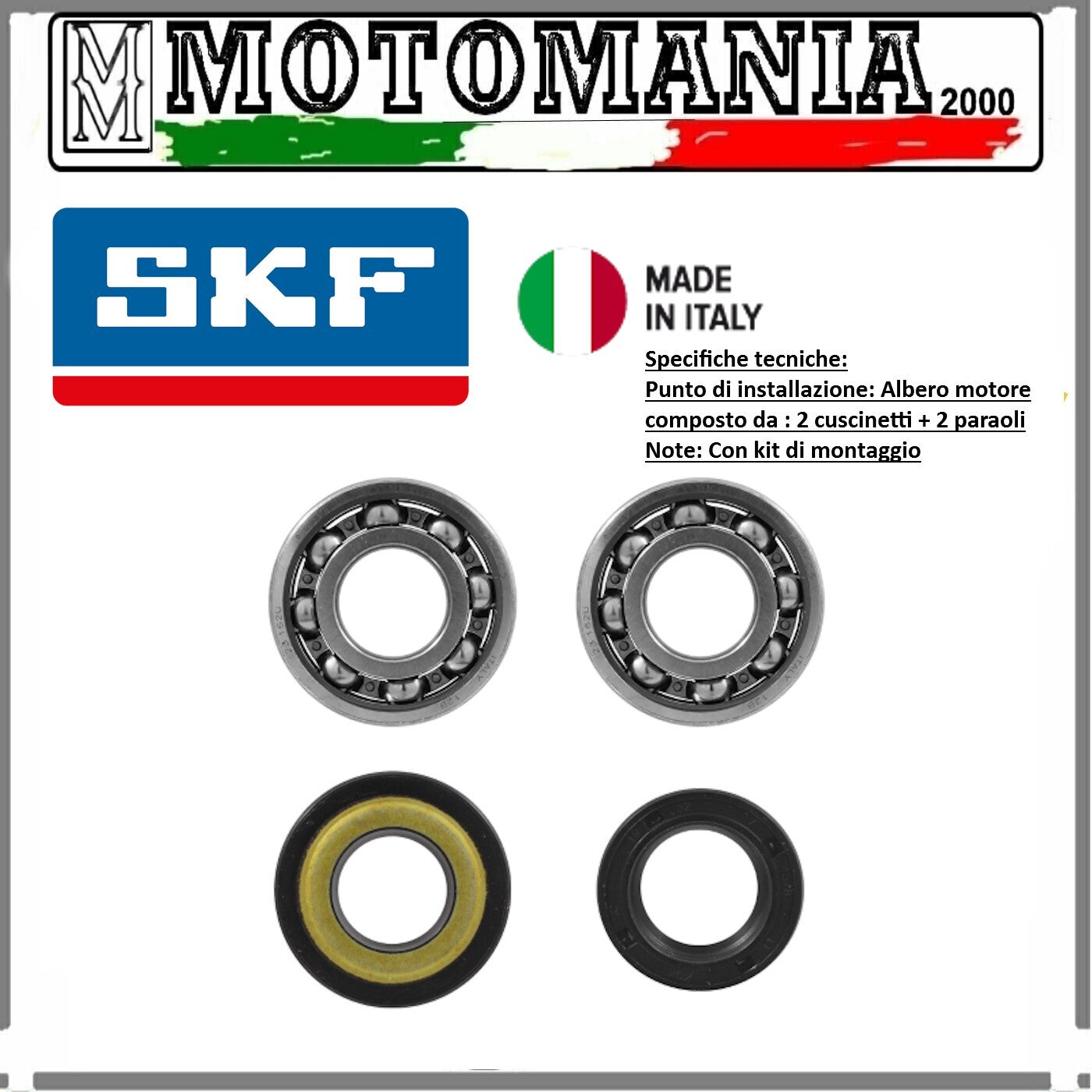 KIT REVISIONE ALBERO MOTORE 2 CUSCINETTI + 2 PARAOLI PIAGGIO VESPA 50-90CC