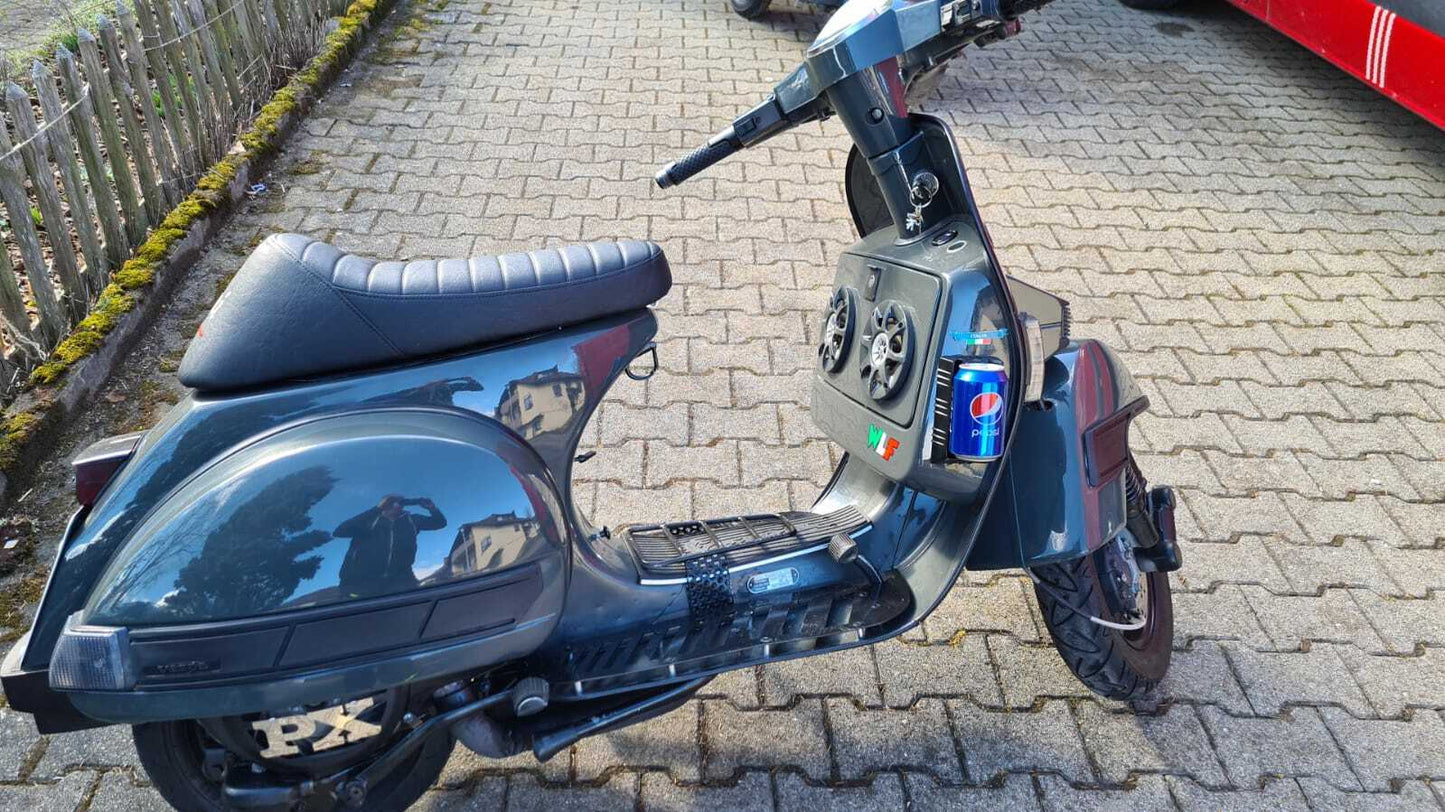 COPRIVENTOLA VESPA PX 125 150 200 NERO CON SCRITTA IN ACCIAIO  + OMAGGIO