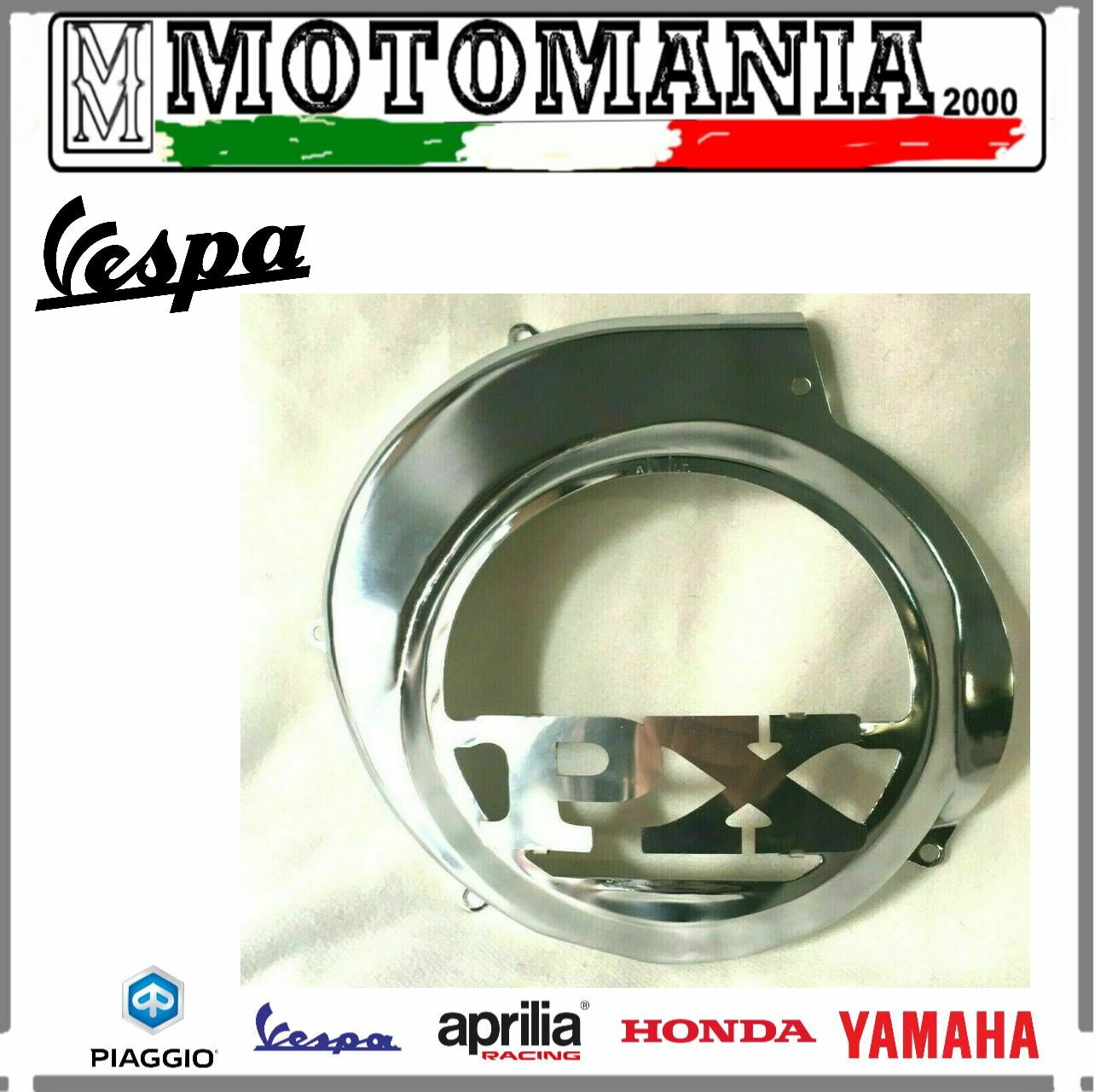 Vespa PX CHROME FAN COVER WITH LOGO WRITTEN PX ALL MODELS PLUS FREE *