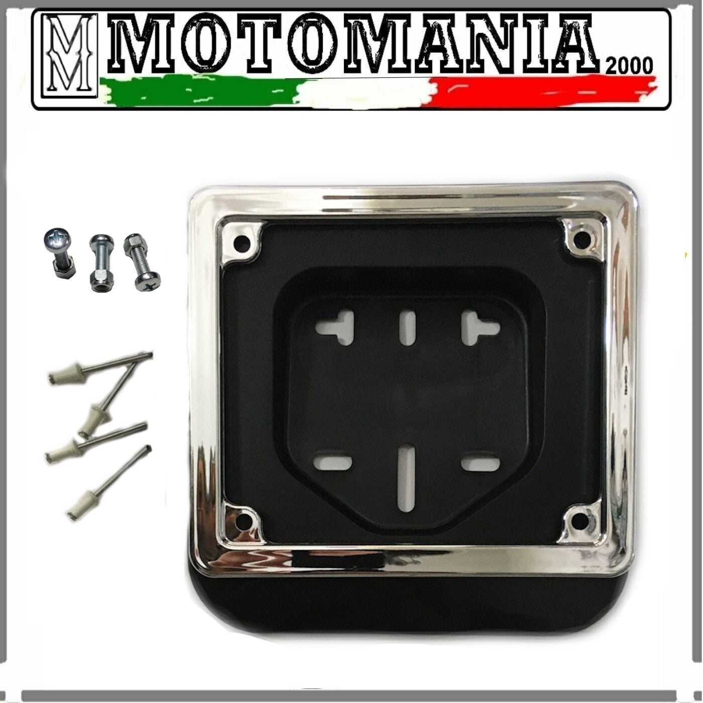 KIT PORTA TARGA E CORNICE CROMATA SCOOTER 50 CC COMPLETO DI VITI E RIVETTI  *